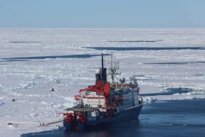 Aerial shot of the research vessel Polarstern in the Arctic pack ice