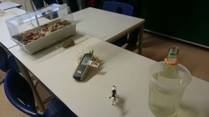A table with flasks and experiments set up
