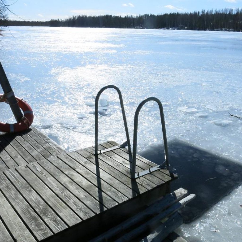 Leader leading into a whole in a frozen lake