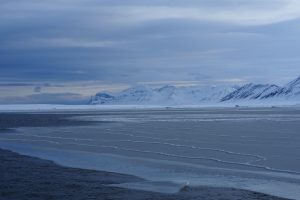 Frozen ocean along a beach with snowy mountains in the distance